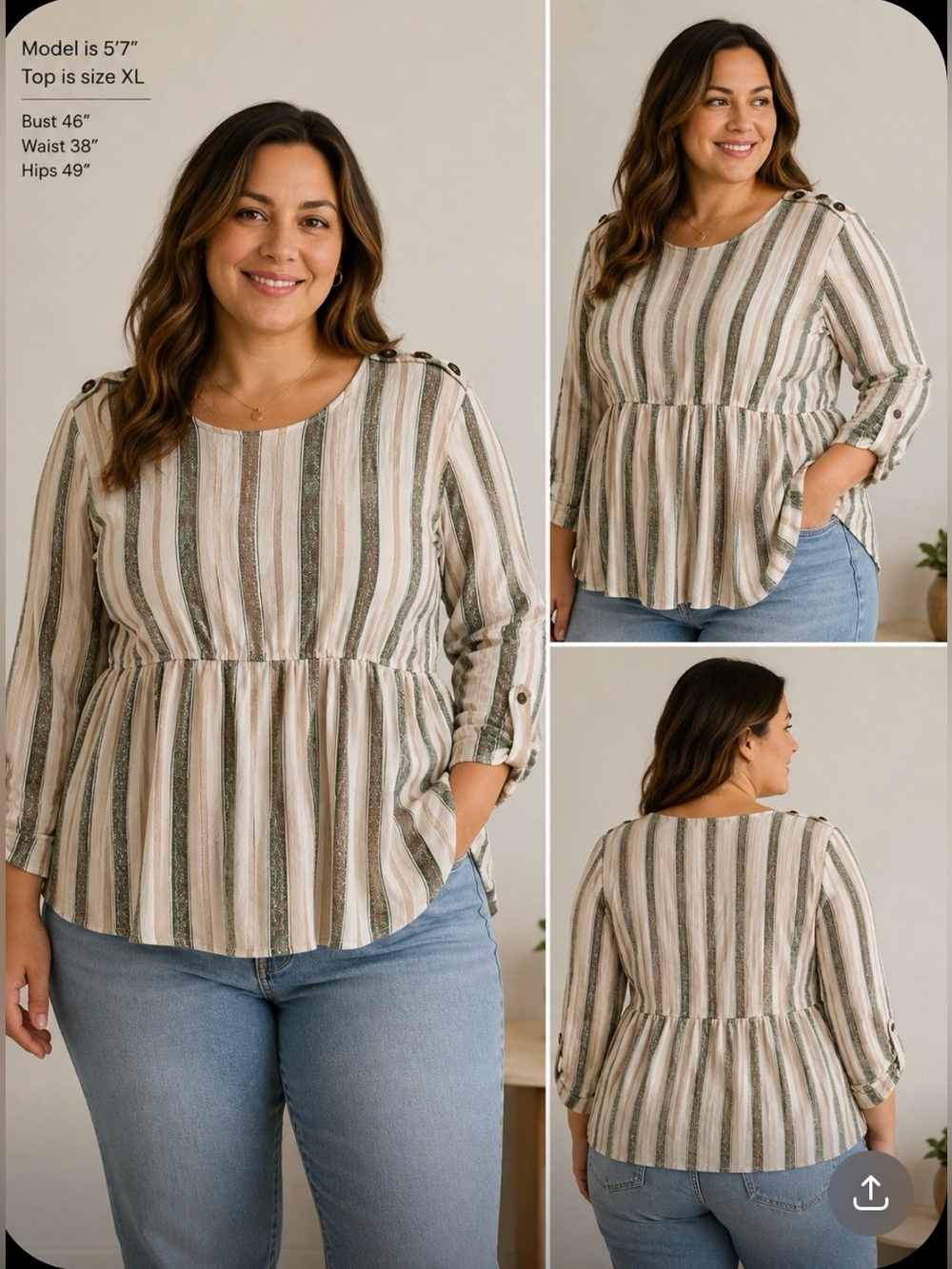 Sweet Wanderer Striped Peplum Blouse Tan Ivory dark green  Roll Tab Sleeve XL